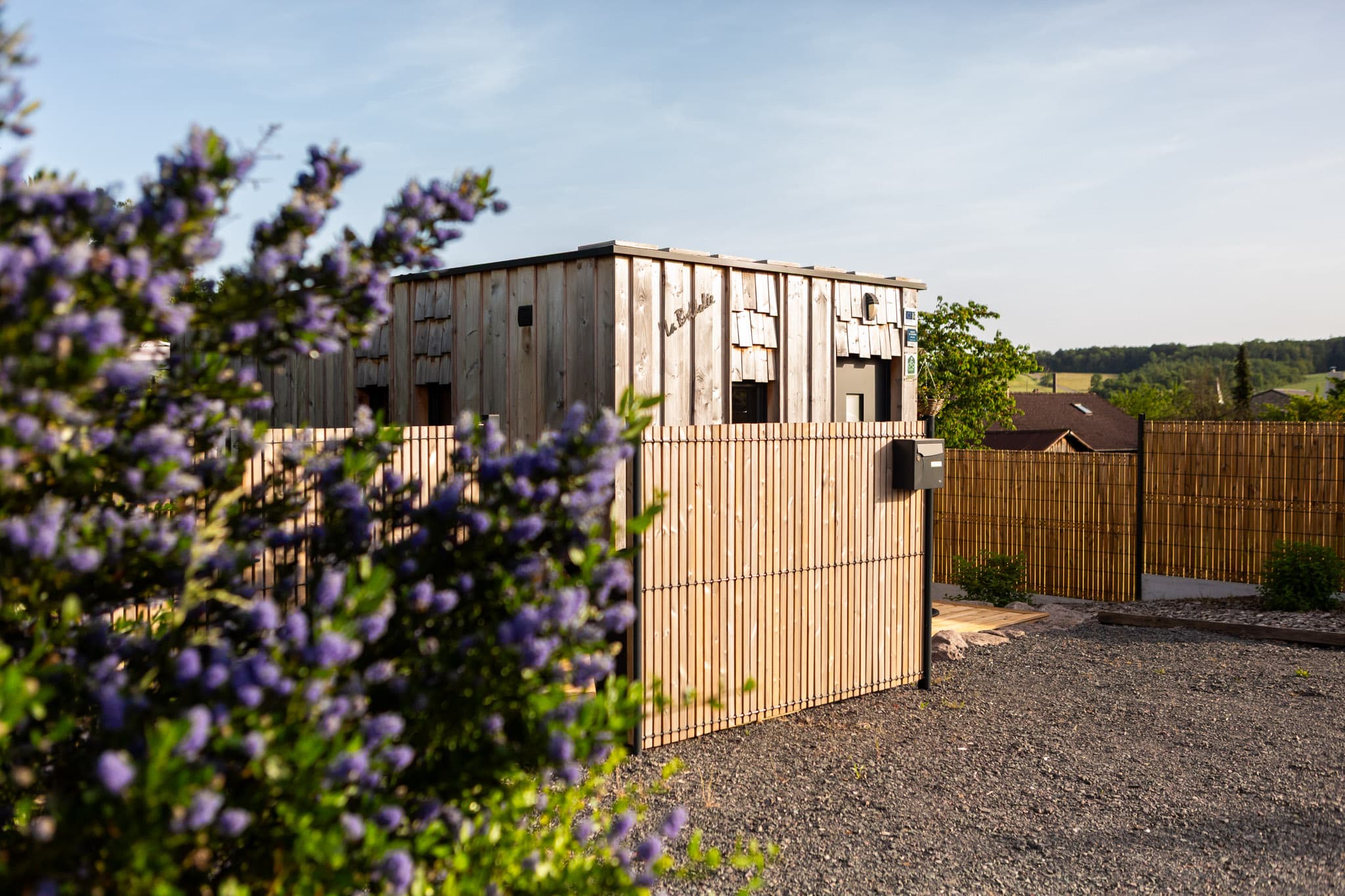 Le gîte en bois et son jardin fleuri de glycine au printemps